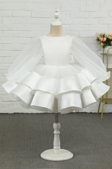 Marfim manga comprida flor menina vestido